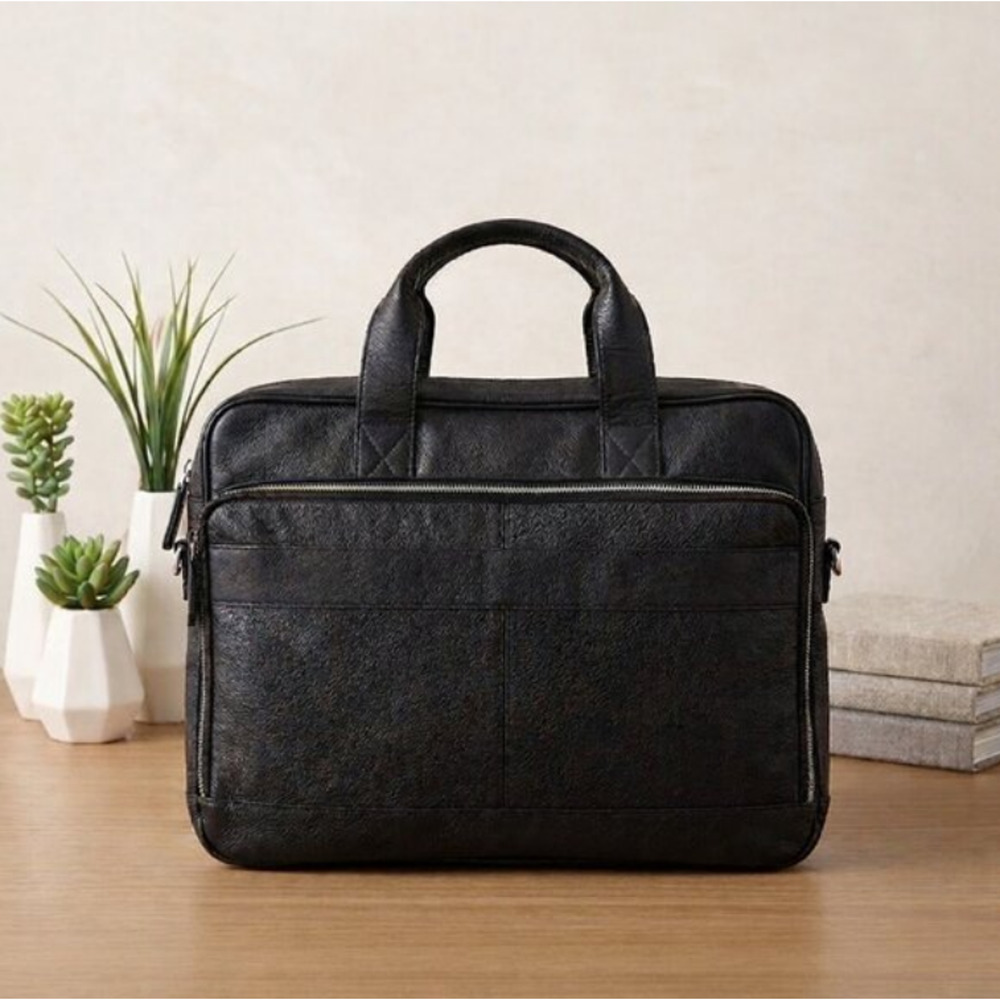 KomalC Buffalo Leather Briefcase 16" Black Laptop Bag Messenger YKK Zipper